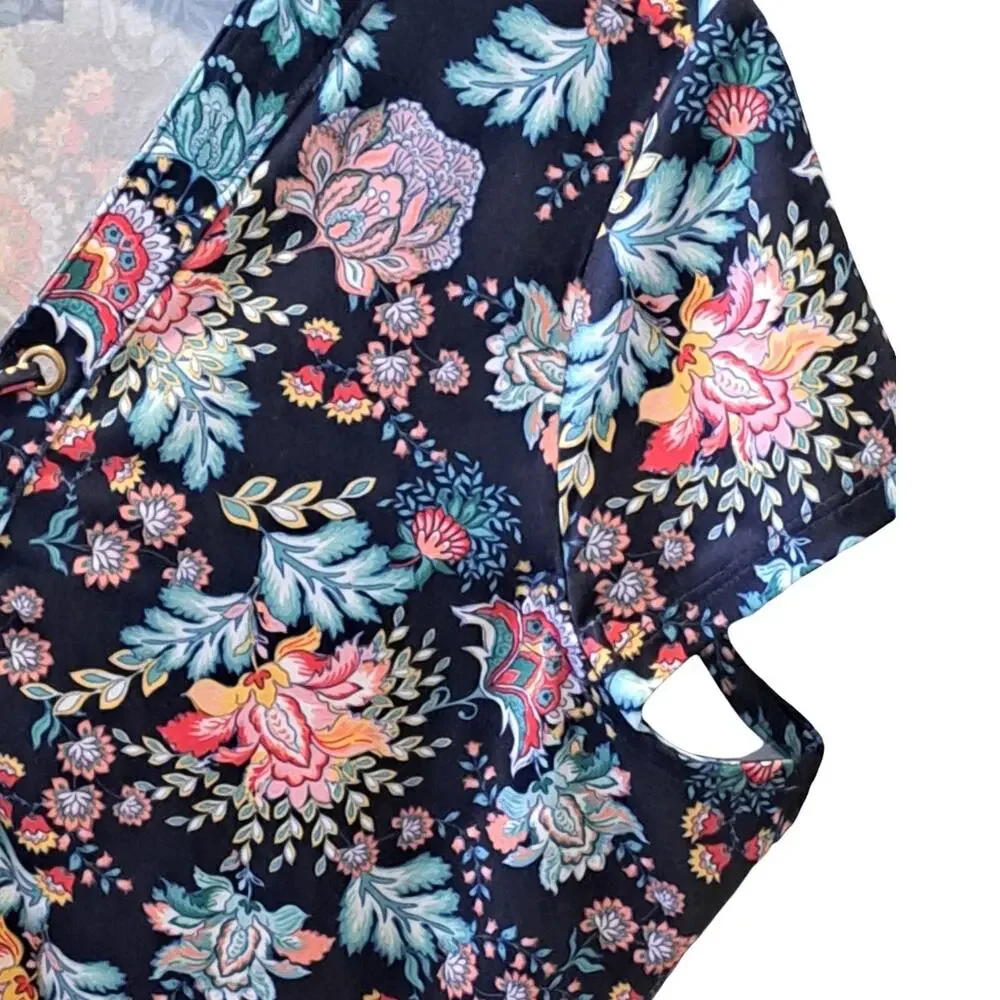 Thomas & Olivia Boho Multicolor Floral Ruched V-Neck Lace-Up Top NWOT  Medium